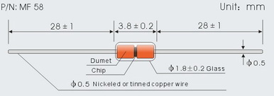 ガラスは様式0の録音でNTCのサーミスターMF58シリーズを内部に閉じ込めた
